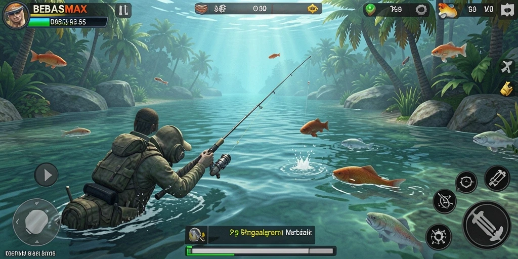 Screenshot menampilkan aksi memancing seru dalam BEBASMAX.