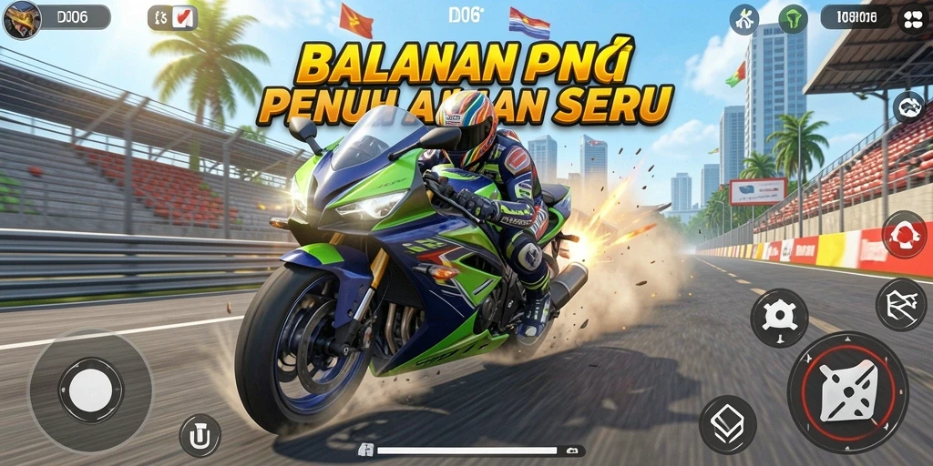 Screenshot D06 menampilkan aksi balap motor yang mendebarkan.