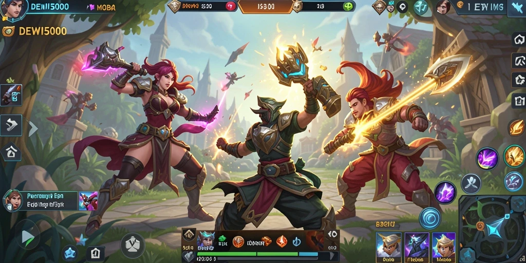 Tangkapan layar gameplay seru DEWI5000 yang menampilkan pertarungan MOBA.