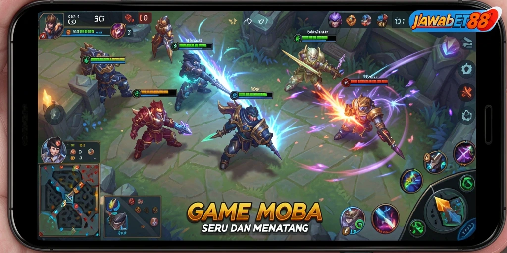 Tangkapan layar menunjukkan aksi intens dalam permainan MOBA.