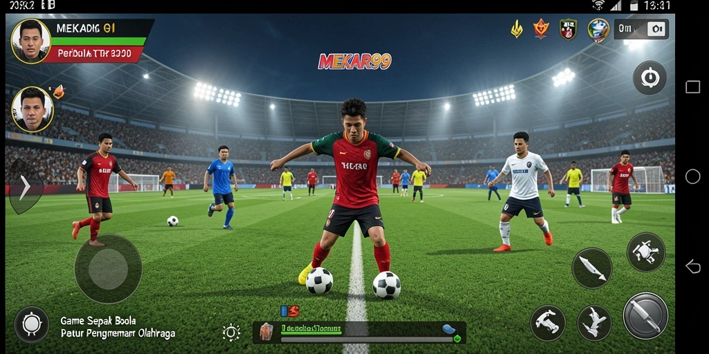 Screenshot gameplay MEKAR99 dengan aksi sepak bola yang menegangkan.