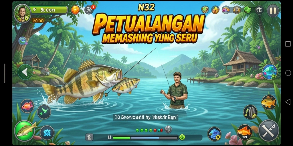 Screenshot gameplay N32 menampilkan aksi memancing yang seru dan menegangkan.