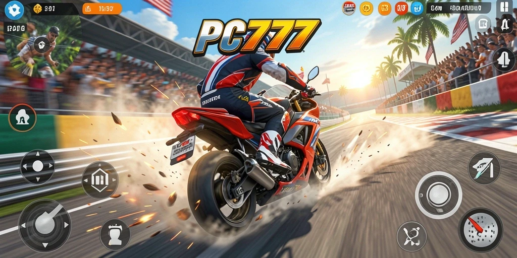 Screenshot gameplay PC777 menampilkan aksi balapan motor yang mendebarkan.