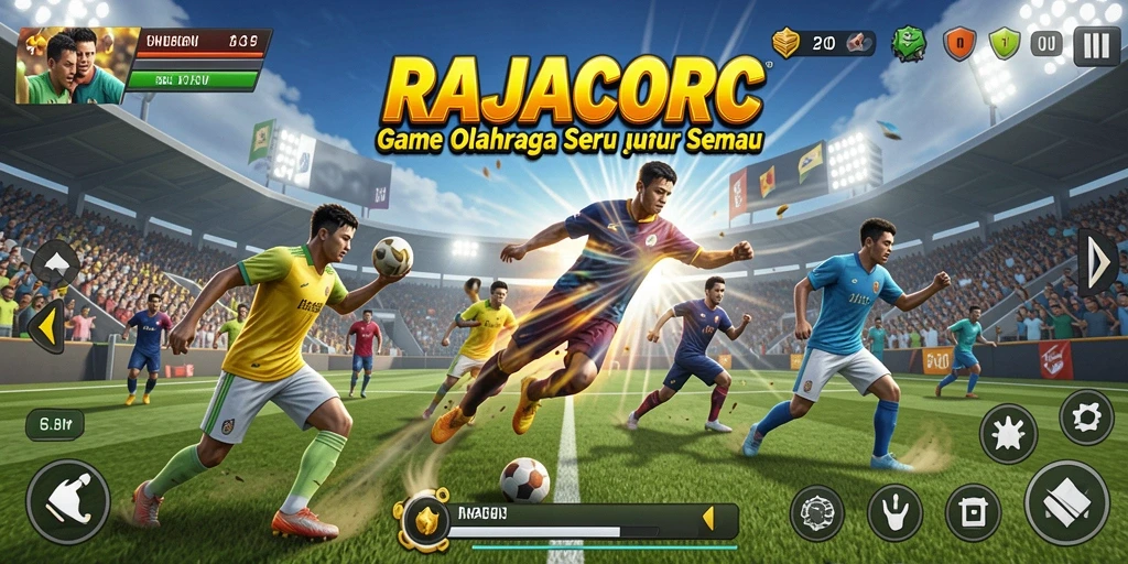 Tangkapan layar utama RAJACORC yang menampilkan aksi permainan olahraga yang seru.
