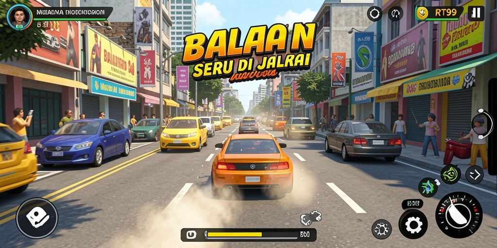 Screenshot gameplay RT99 yang menunjukkan aksi balap yang mendebarkan.