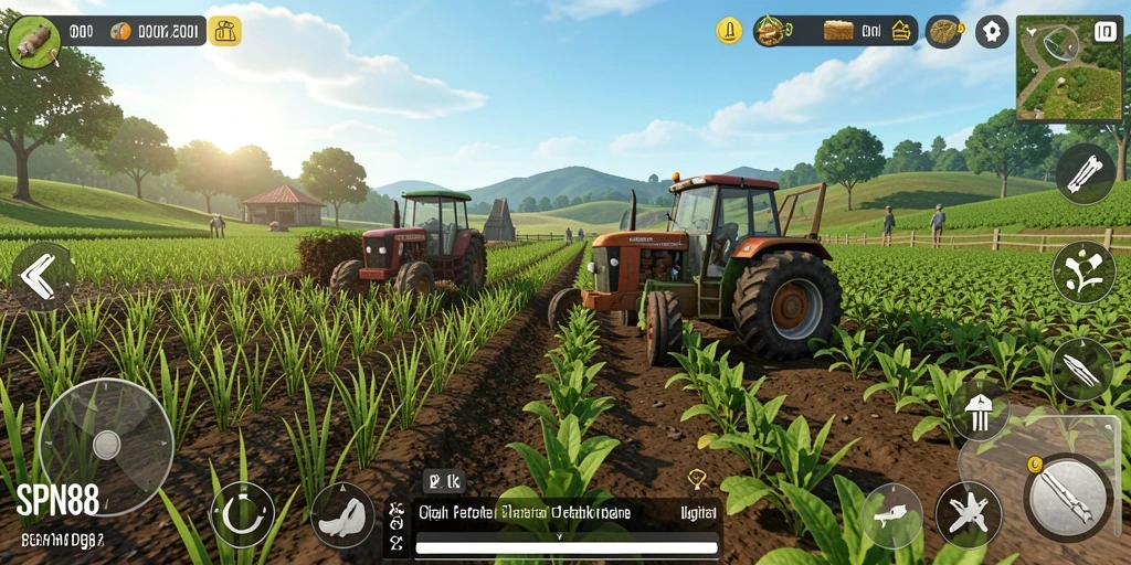 Tampilan gameplay SPN88 dengan ladang dan hewan ternak.