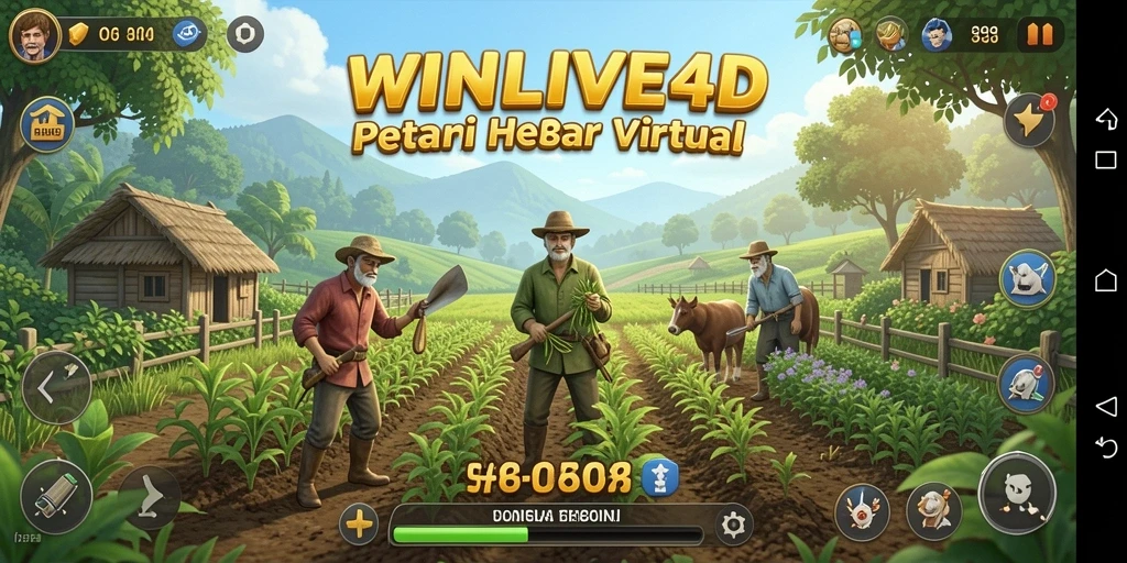 Screenshot gameplay WINLIVE4D menampilkan ladang dan aktivitas bertani.